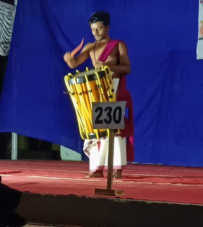 Sugeeth won the first prize and A grade for Tayambaka in Thiruvananthapuram District Arts Festival.