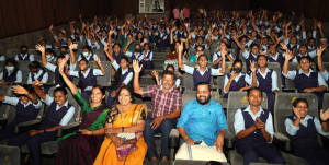 Dr. BR Kadakampally Surendran MLA with the students of Ambedkar Girls Residential School watching the special exhibition 'Jayajayajayajayahe'