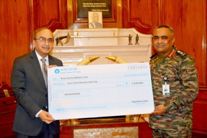 General Manoj Pande interacted with Mr Dinesh Khara, Chairman, SBI &amp; discussed avenues of partnership. Mr Dinesh handed over first tranche of ₹ 4.7 Cr out of ₹ 8 Cr CSR support for the Paraplegic Rehabilitation Centre &amp; Palliative Care Centres of Indian Army. (Photo/Twitter)