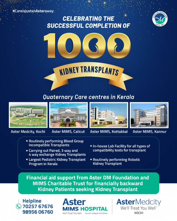 Aster Hospitals in Kerala successfully completes 1,000 kidney transplants
