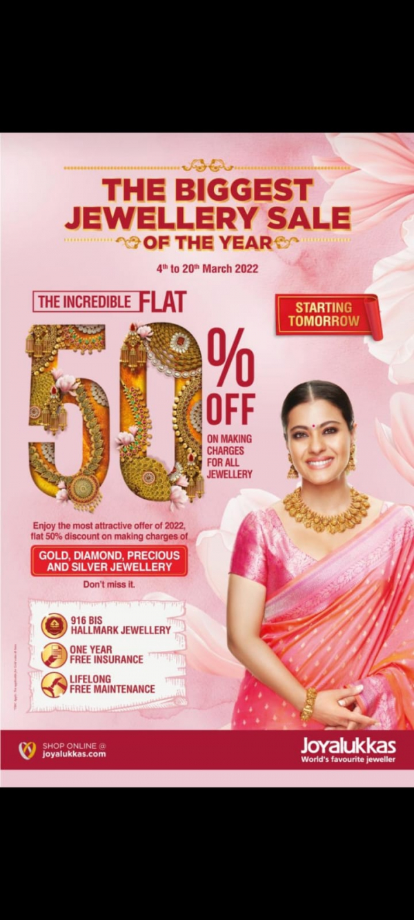 All gold jewelry at Joyalukas now has a 50% discount on labour charge